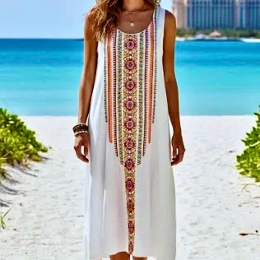 Chicos Embroidered Gauzy A-Line Sleeveless Midi Dress Boho Festival Coastal